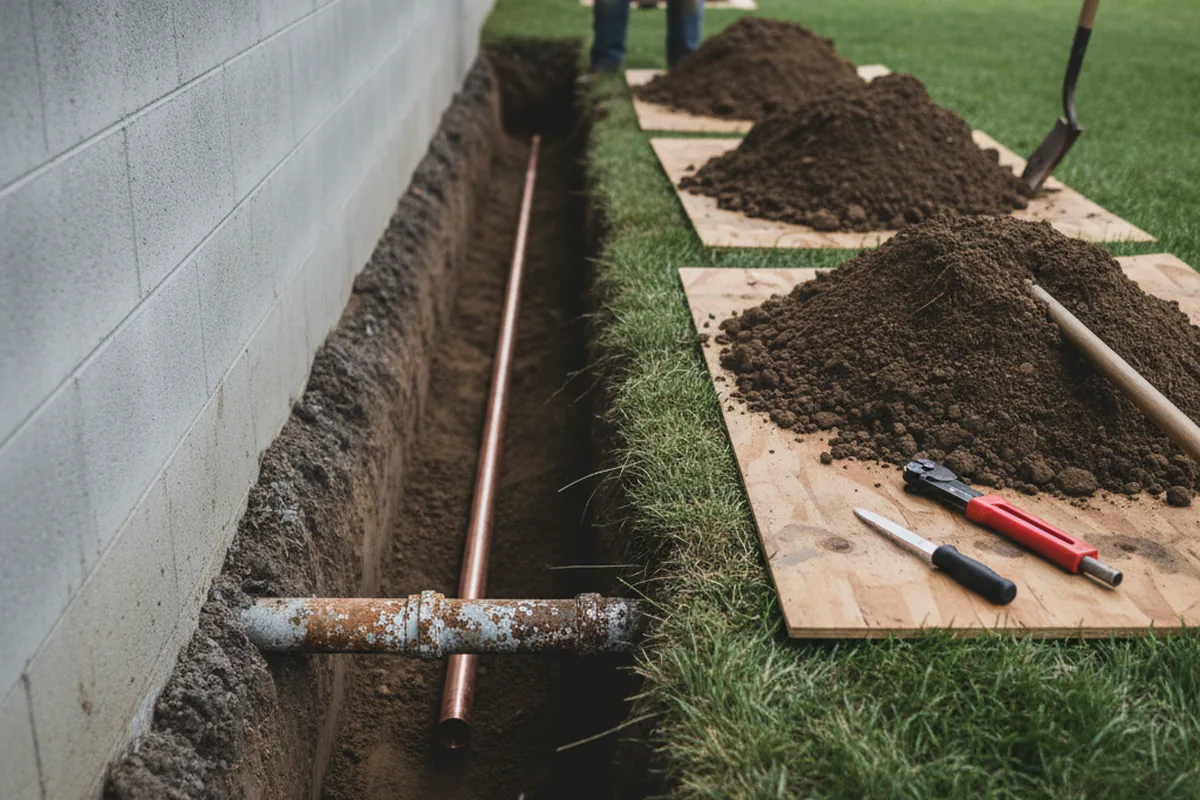 Excavated water line trench during Water Softener Installation in Mt Baldy